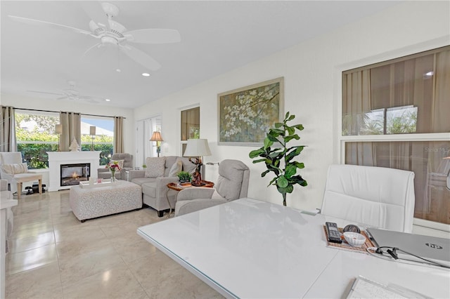 living room featuring ceiling fan