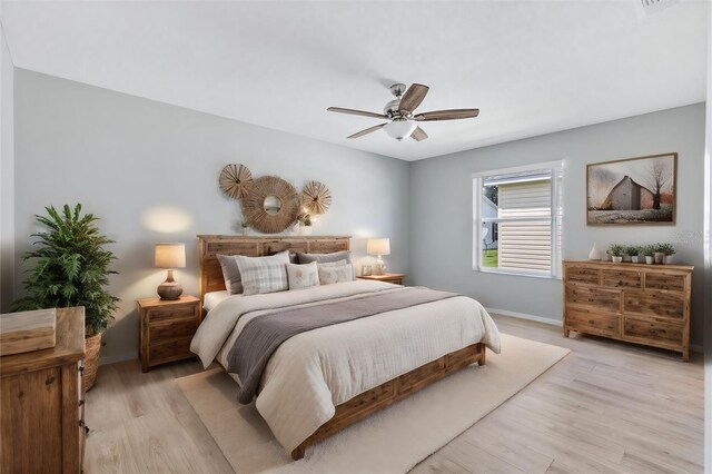 bedroom featuring ceiling fan and light hardwood / wood-style floors