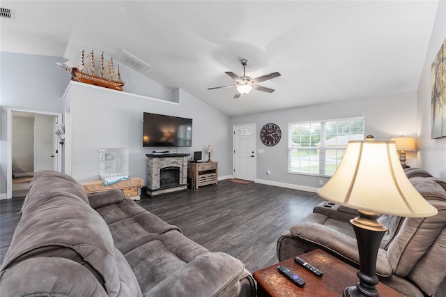 living room with a fireplace, lofted ceiling, ceiling fan, and dark hardwood / wood-style floors