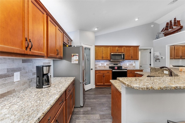 kitchen with tasteful backsplash, vaulted ceiling, sink, dark wood-type flooring, and appliances with stainless steel finishes