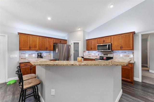 kitchen featuring lofted ceiling, light stone counters, dark hardwood / wood-style floors, and appliances with stainless steel finishes