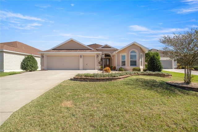 single story home with a front yard and a garage