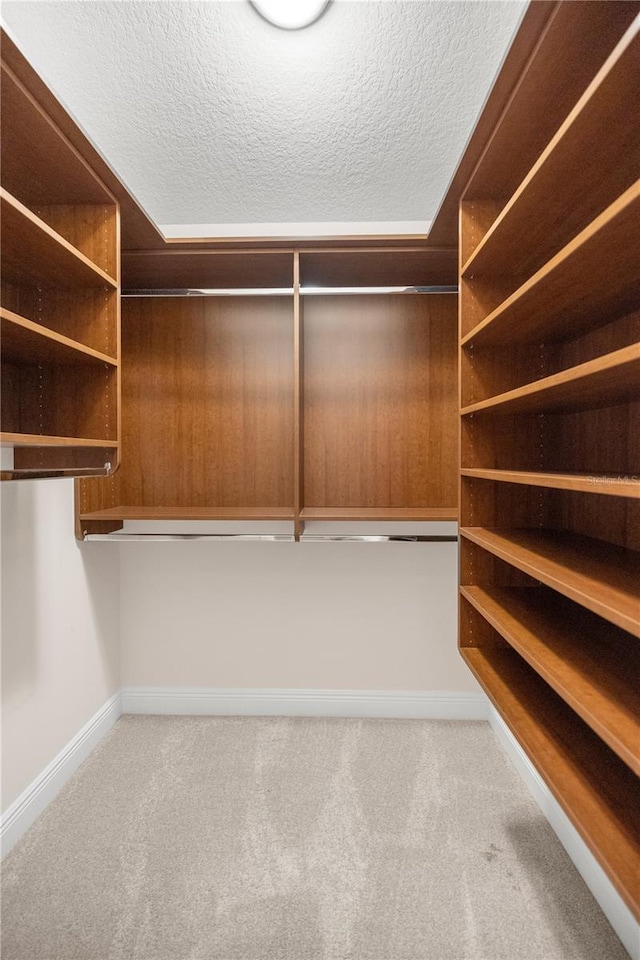 walk in closet with light colored carpet