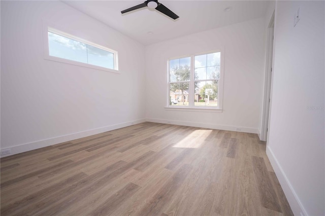 spare room featuring ceiling fan, light hardwood / wood-style floors, and a wealth of natural light