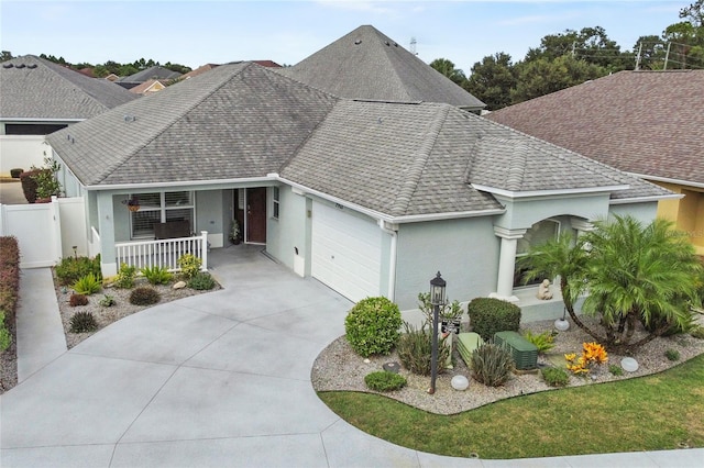 ranch-style home featuring stucco siding, driveway, an attached garage, a shingled roof, and covered porch