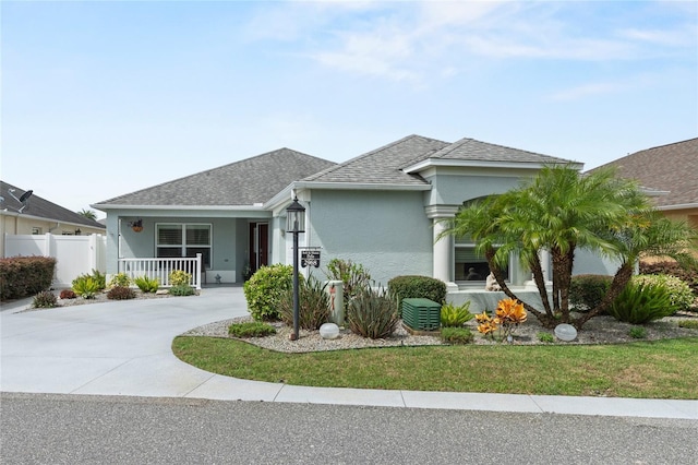 single story home with concrete driveway, roof with shingles, stucco siding, a porch, and fence