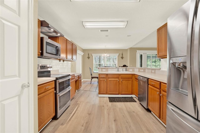 kitchen featuring a sink, appliances with stainless steel finishes, a peninsula, light countertops, and decorative backsplash