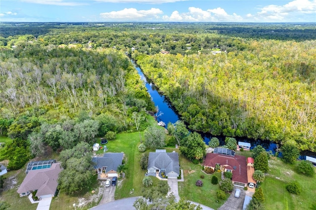 birds eye view of property with a forest view and a water view