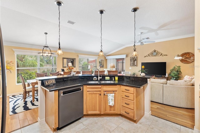 kitchen with light wood-type flooring, ceiling fan with notable chandelier, dishwasher, and sink