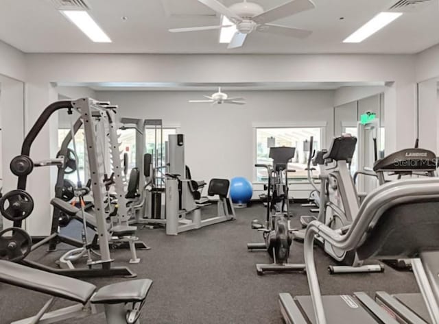 exercise room featuring ceiling fan and plenty of natural light