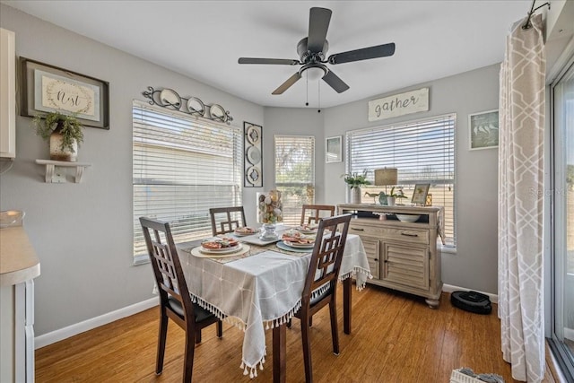 dining room with ceiling fan and hardwood / wood-style flooring