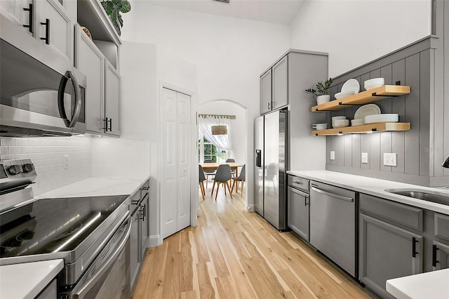 kitchen featuring stainless steel appliances, backsplash, gray cabinets, sink, and light hardwood / wood-style floors