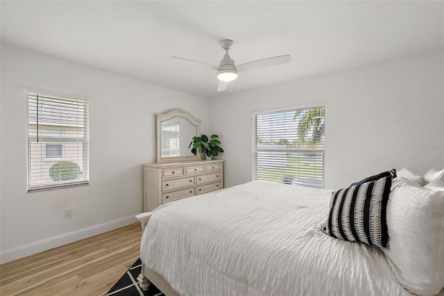 bedroom featuring ceiling fan and light hardwood / wood-style flooring