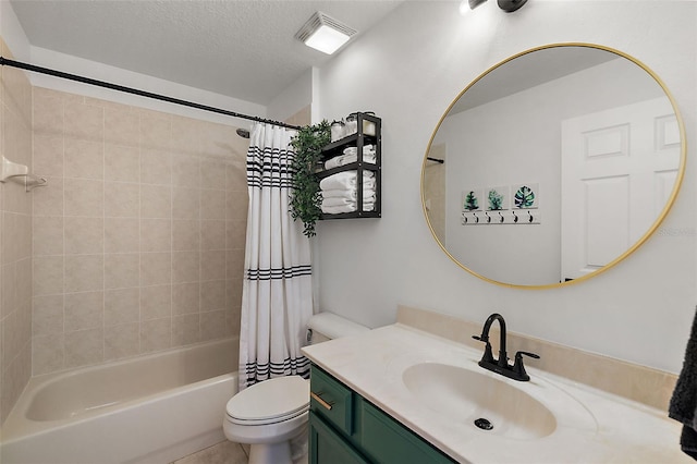 full bathroom with vanity, toilet, a textured ceiling, and shower / bathtub combination with curtain