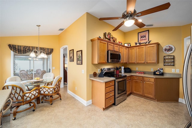 kitchen with light carpet, ceiling fan with notable chandelier, stainless steel appliances, and lofted ceiling