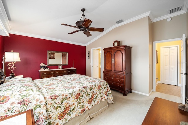 carpeted bedroom featuring lofted ceiling, ornamental molding, and ceiling fan