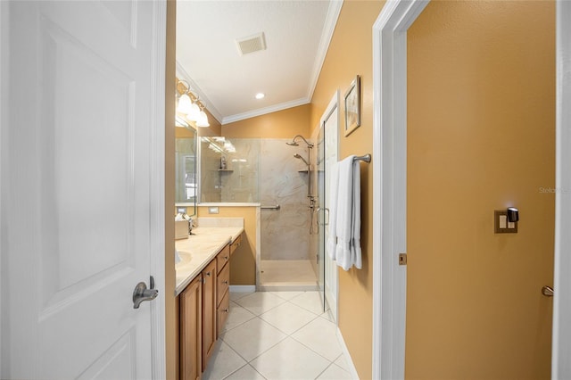 bathroom with vanity, a shower with shower door, vaulted ceiling, and tile patterned floors