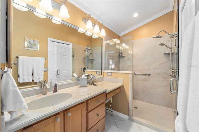 bathroom featuring vanity, tile patterned floors, crown molding, vaulted ceiling, and a shower with door