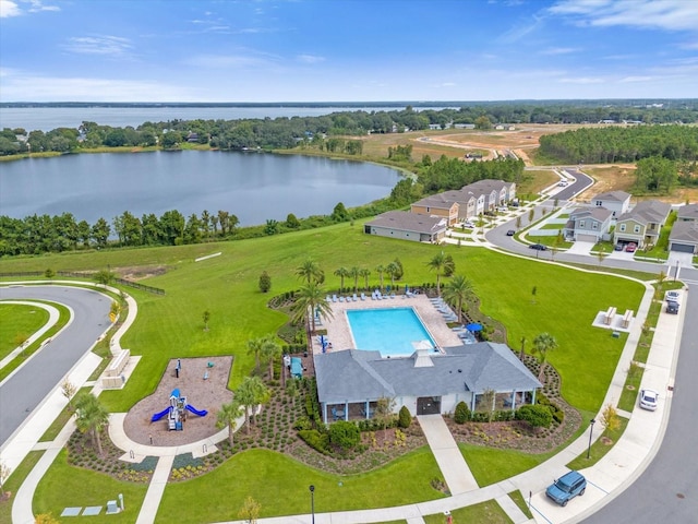 bird's eye view with a water view