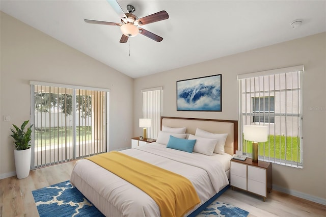 bedroom featuring lofted ceiling, access to exterior, ceiling fan, and light hardwood / wood-style floors