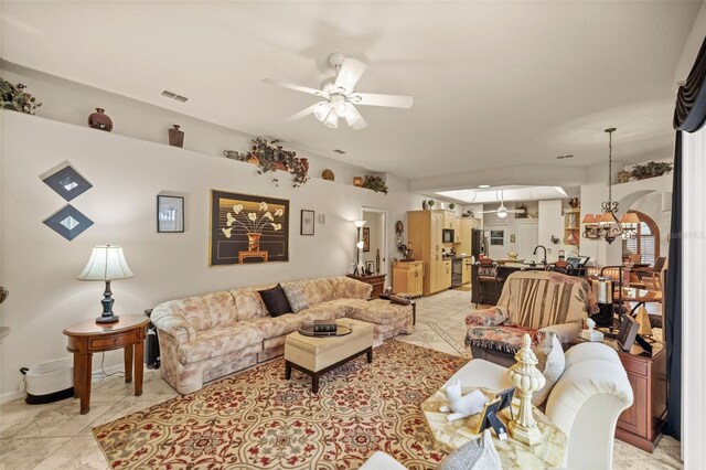 living room with ceiling fan