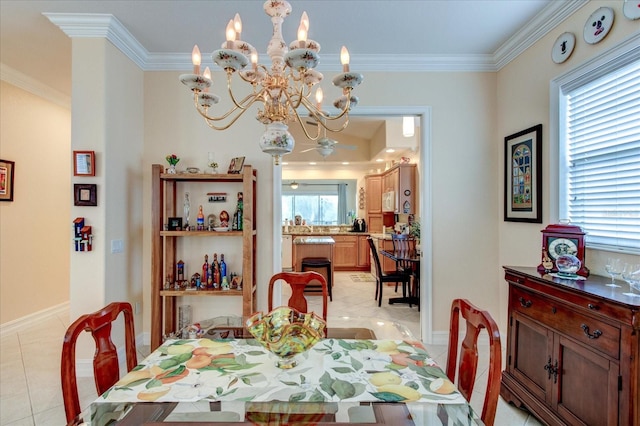 tiled dining space with a wealth of natural light, crown molding, and a notable chandelier