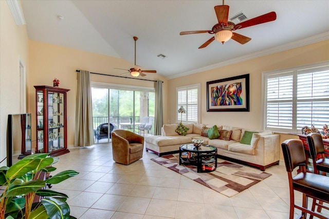 living room with lofted ceiling, crown molding, ceiling fan, and light tile patterned flooring