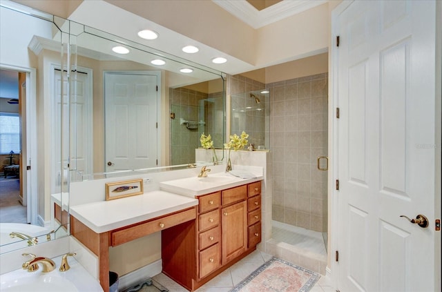 bathroom with tile patterned flooring, vanity, ornamental molding, and a shower with shower door