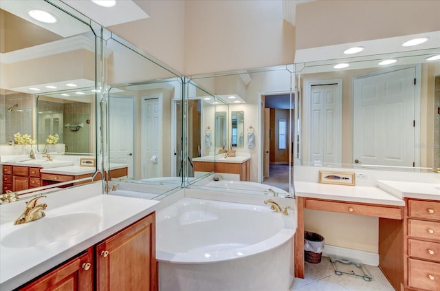 bathroom featuring tile patterned flooring, vanity, and independent shower and bath