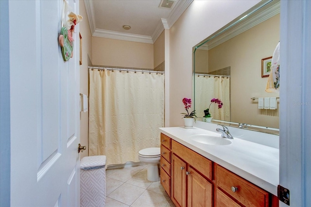 bathroom featuring crown molding, vanity, toilet, and tile patterned flooring