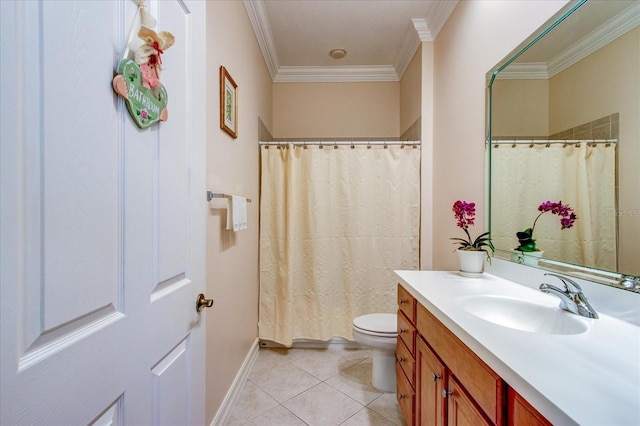 bathroom with toilet, tile patterned flooring, crown molding, vanity, and curtained shower