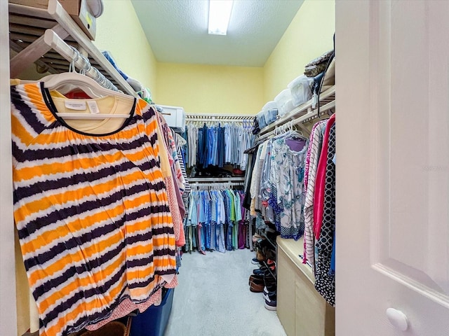 walk in closet featuring light carpet