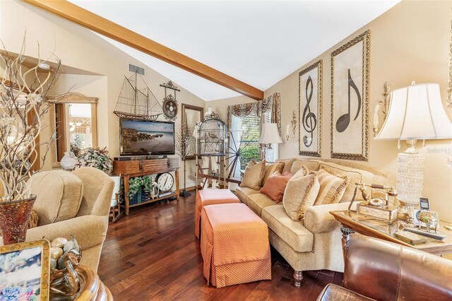 living room featuring dark hardwood / wood-style flooring and lofted ceiling with beams