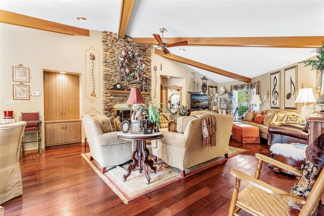 living room with beamed ceiling, high vaulted ceiling, hardwood / wood-style floors, and ceiling fan