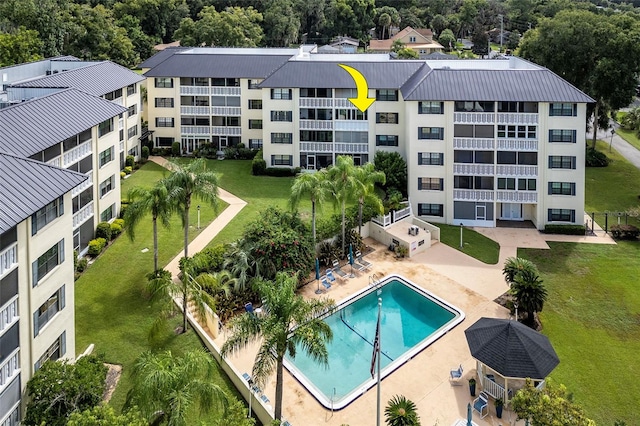 view of pool with a patio area and a lawn