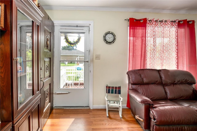 entryway with light wood-type flooring, ornamental molding, and a wealth of natural light