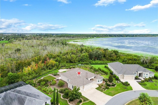 bird's eye view with a water view