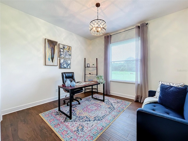 office area featuring an inviting chandelier and dark hardwood / wood-style floors