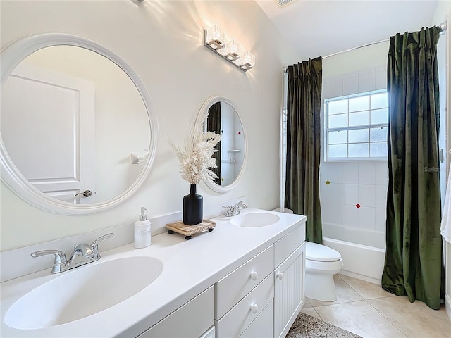 full bathroom with vanity, shower / bath combo, tile patterned floors, and toilet