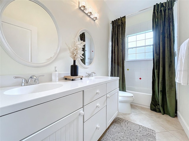 full bathroom with tile patterned flooring, vanity, toilet, and shower / bathtub combination with curtain