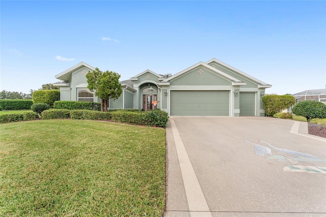 ranch-style home featuring a front yard and a garage