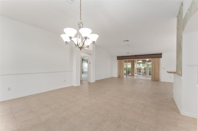 unfurnished living room featuring lofted ceiling, a textured ceiling, an inviting chandelier, and light tile patterned floors