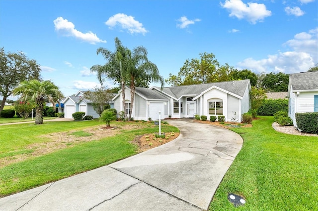 single story home with a front yard and a garage