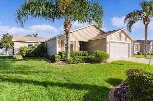 ranch-style house featuring a garage and a front lawn