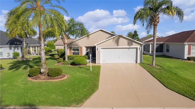 view of front facade with a front yard and a garage