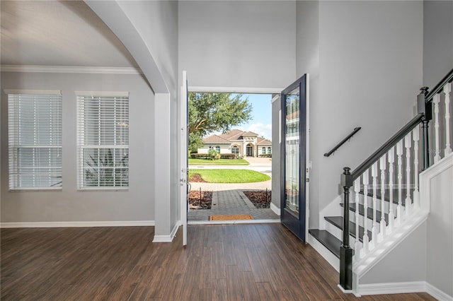 entrance foyer with ornamental molding, a towering ceiling, and dark wood-type flooring