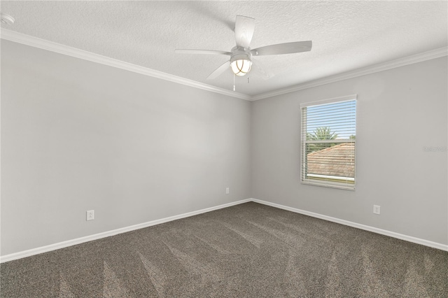 carpeted empty room featuring ceiling fan, a textured ceiling, and crown molding