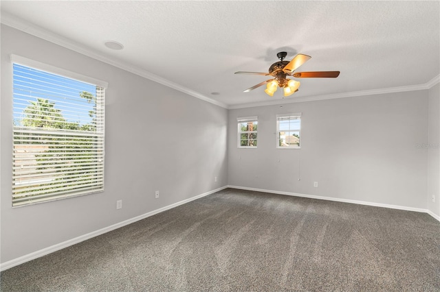 carpeted empty room featuring ceiling fan, crown molding, and a healthy amount of sunlight