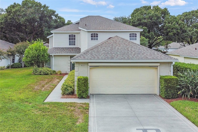 traditional home with stucco siding, a front lawn, driveway, roof with shingles, and a garage