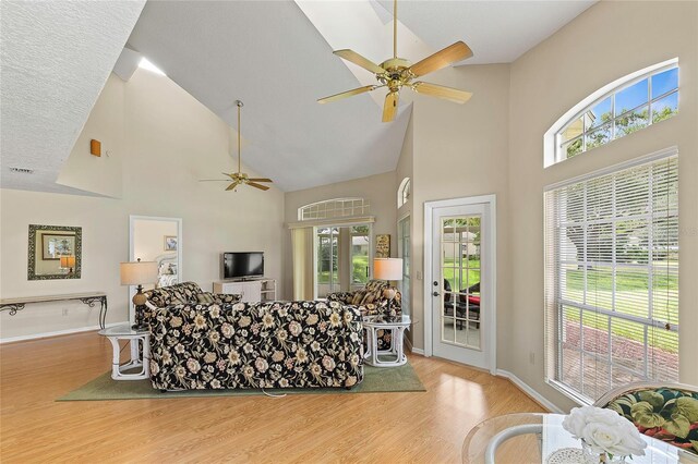 living room featuring a healthy amount of sunlight and ceiling fan